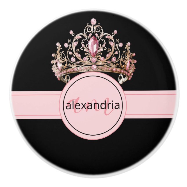 Pomo De Cerámica Pink Princess Monogram Tiara Girly Ceramic Knob (Anverso)