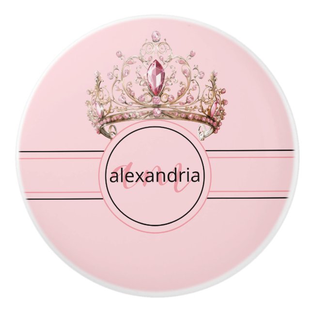 Pomo De Cerámica Pink Princess Monogram Tiara Girly Ceramic Knob (Anverso)