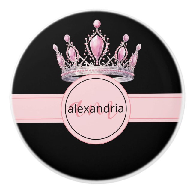 Pomo De Cerámica Pink Princess Monogram Tiara Girly Ceramic Knob (Anverso)
