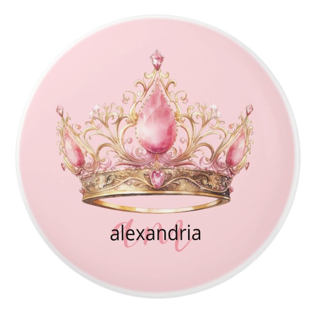 Pomo De Cerámica Pink Princess Monogram Tiara Girly Ceramic Knob (Anverso)