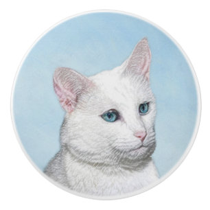 Pomo De Cerámica Pintura de gato blanco - Arte de gato original lin