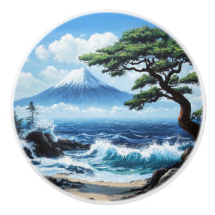Pomo De Cerámica Pintura del Monte Fuji Japón con vistas al océano