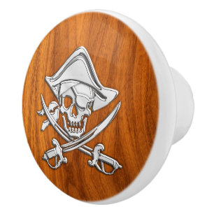 Pomo De Cerámica Pirata cromada sobre la impresión de grano de mad