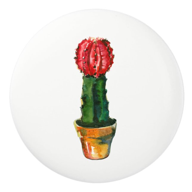 Pomo De Cerámica Planta Verde Rojo Cactus Boho Rústico Suroeste (Anverso)