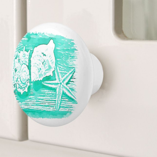 Pomo De Cerámica playa costera acuarela verde azulada estrella de m (coastal beach watercolor teal seashell starfish ceramic knob)
