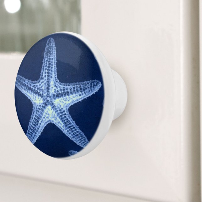 Pomo De Cerámica playa de moda costera rústica marinera estelar azu (coastal chic beach rustic nautical blue starfish ceramic knob)