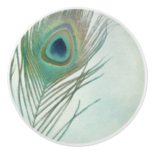 Pomo De Cerámica Pluma de pavo real Boho Chic Acuarela Personalizad