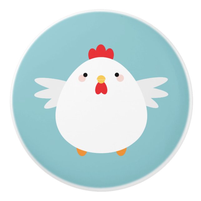 Pomo De Cerámica Pollo blanco lindo en el ilustracion verde (Anverso)