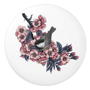 Pomo De Cerámica Pollo en una rama de cerezo floreciente