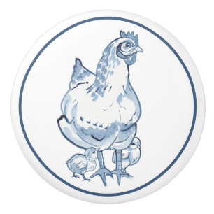 Pomo De Cerámica Pollos de pollo azules y blancos Delft