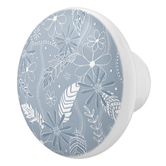 Pomo De Cerámica polvoriento azul boho plumas flores paislies monog