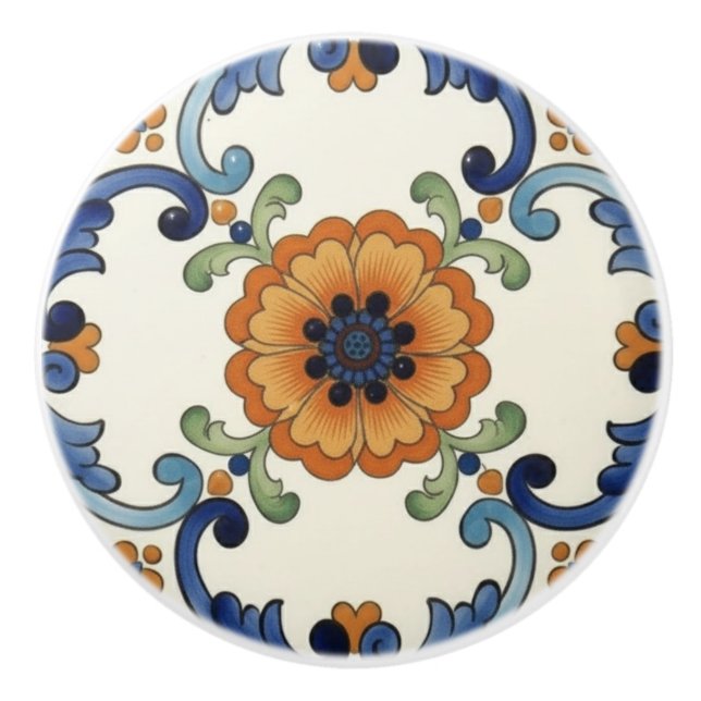 Pomo De Cerámica Poppy Flower Mediterranean Blue Orange Cream (Anverso)