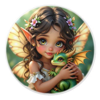 Pomo De Cerámica Pretty Brown Eyed Fairy and Dragon