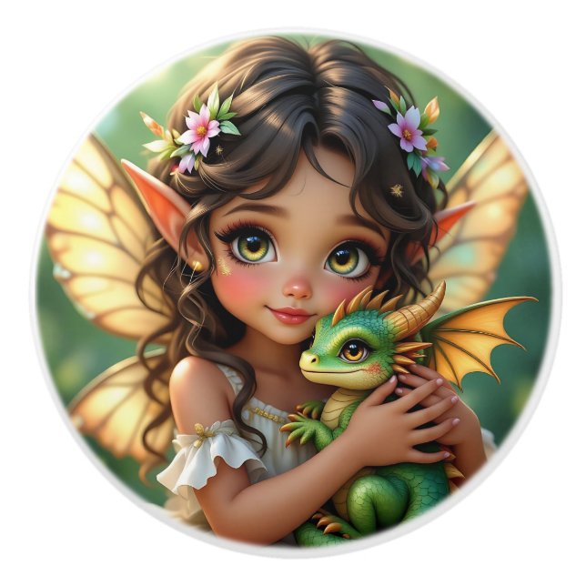 Pomo De Cerámica Pretty Brown Eyed Fairy and Dragon  (Anverso)