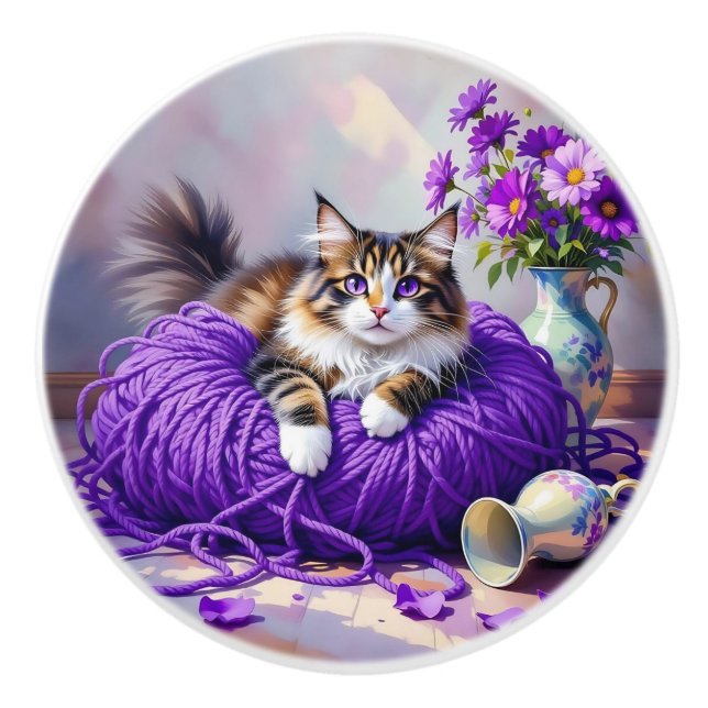 Pomo De Cerámica Pretty Cat with Purple Flowers and Yarn   (Anverso)