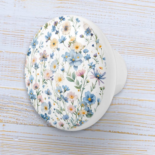 Pomo De Cerámica Pretty Delicate Botanical Floral (A drawer pull knob in white with elegant floral design in rustic country farmhouse style)