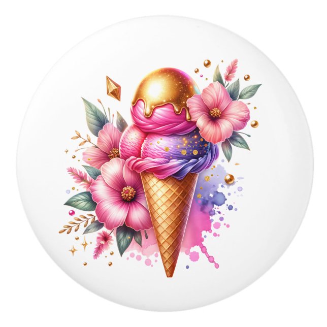 Pomo De Cerámica Pretty Pink and Gold Ice Cream Cone Birthday (Anverso)