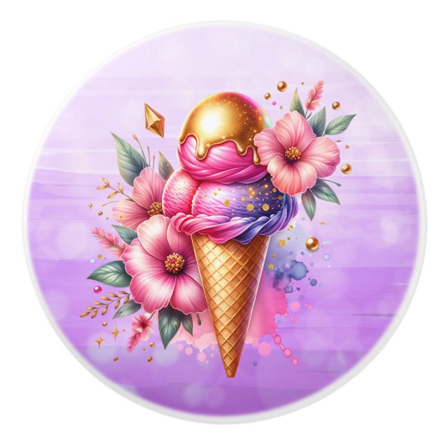 Pomo De Cerámica Pretty Pink and Gold Ice Cream Cone Birthday (Anverso)