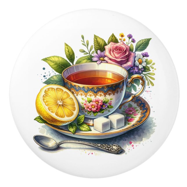 Pomo De Cerámica Pretty teacup of Tea with Lemon  (Anverso)
