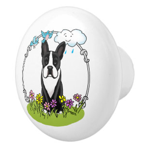 Pomo De Cerámica Primavera Boston Terrier (negro) Perro lindo