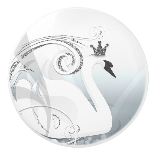 Pomo De Cerámica Princesa Cisne Plata y Blanco Elegante Chic (Anverso)