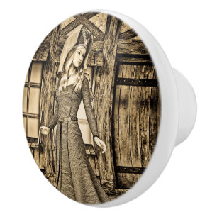 Pomo De Cerámica Princesa Medieval Sepia Arte Renacentista