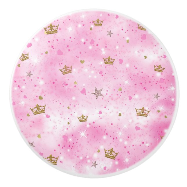 Pomo De Cerámica Princesa Rosa Corazón Estrellas Corona Purpurina E (Anverso)