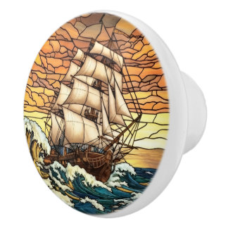 Pomo De Cerámica Puesta de sol, barco, mar dramático, náutico vinta
