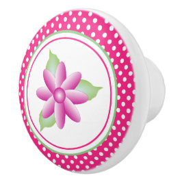 Pomo De Cerámica Punto de Polka blanco y floral rosa