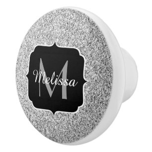 Pomo De Cerámica Purpurina de luz gris plateado brillante Monograma