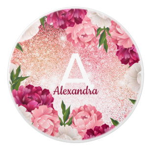 Pomo De Cerámica Purpurina de monograma rosa moderno Floral