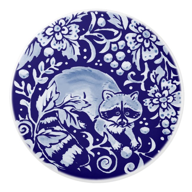Pomo De Cerámica Raccoon azul oscuro Cobalto floral animal de Woodl (Anverso)