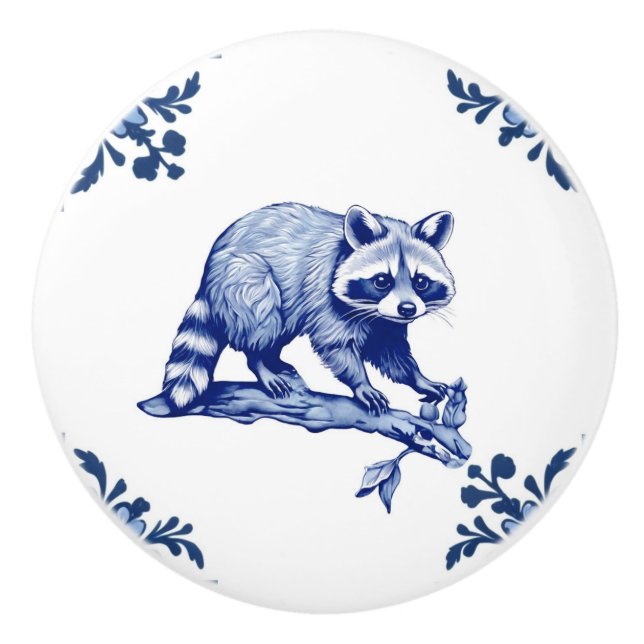Pomo De Cerámica Raccoon Delft Esquinas Azules y Blancas Woodland (Anverso)