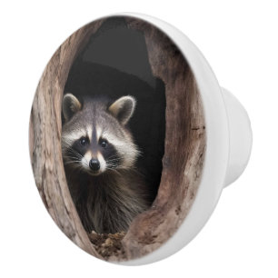 Pomo De Cerámica Racoon en la cueva del árbol