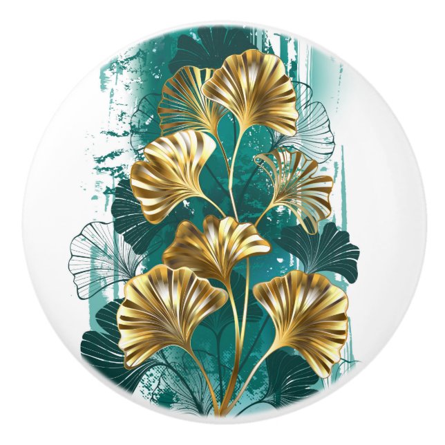 Pomo De Cerámica Rama con hojas doradas Ginko Biloba (Anverso)