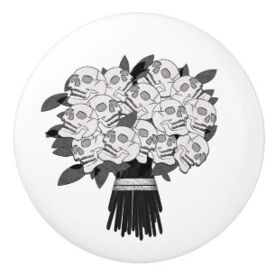 Pomo De Cerámica Ramo de Rosas de Cráneo en Negro y Blanco