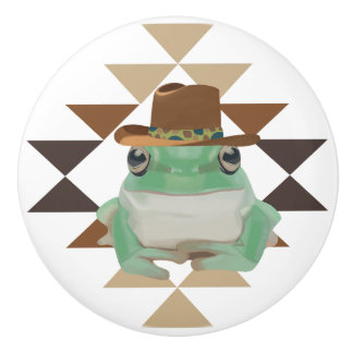 Pomo De Cerámica Rana Occidental Cuta Con Gorra Vaquero