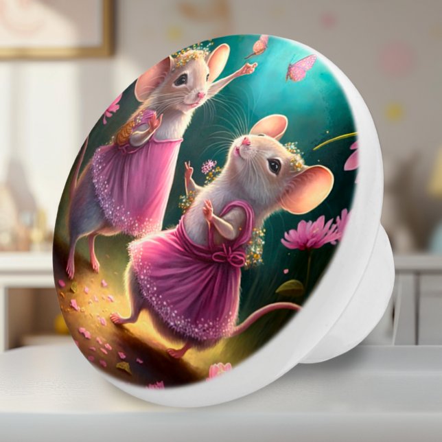 Pomo De Cerámica Ratones bailarines - Fantasía personalizada (Ceramic Knob - Dancing Mice in Pink Dresses with Teal - Decor Accent for Girls Room or Nursery)