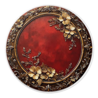 Pomo De Cerámica Red and Gold Dark Academia Floral Design