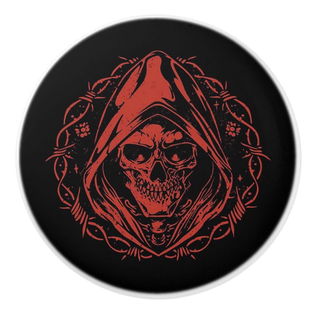 Pomo De Cerámica Red Hooded Skull Gothic (Anverso)