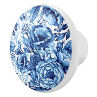 Pomo de cerámica redondo impreso con flores azules