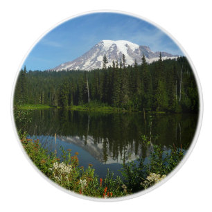 Pomo De Cerámica Reflejo del lago del Monte Rainier con flores silv