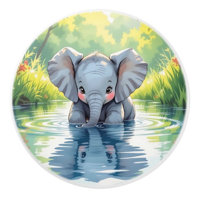 Pomo De Cerámica Reflexión de elefante bebé lindo  (Anverso)