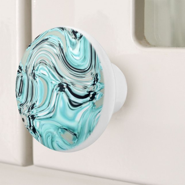 Pomo De Cerámica remolinos de mármol de moda menta océano mar agua  (chic marble swirls mint ocean sea aqua blue waves ceramic knob)