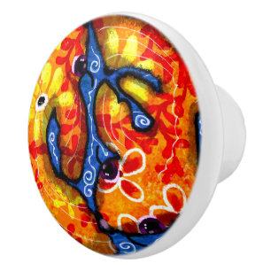 Pomo De Cerámica Resumen caprichoso Koi Fish Blue Naranja Floral
