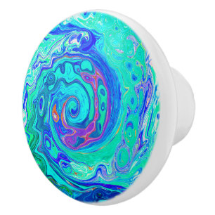 Pomo De Cerámica Resumen de Groovy Ocean Blue y Green Liquid Swirl