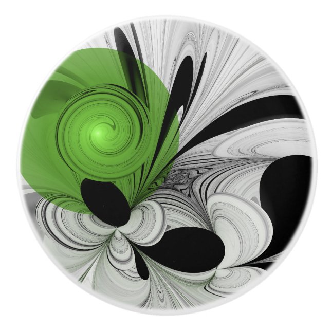 Pomo De Cerámica Resumen en blanco y negro con arte fractal verde (Anverso)