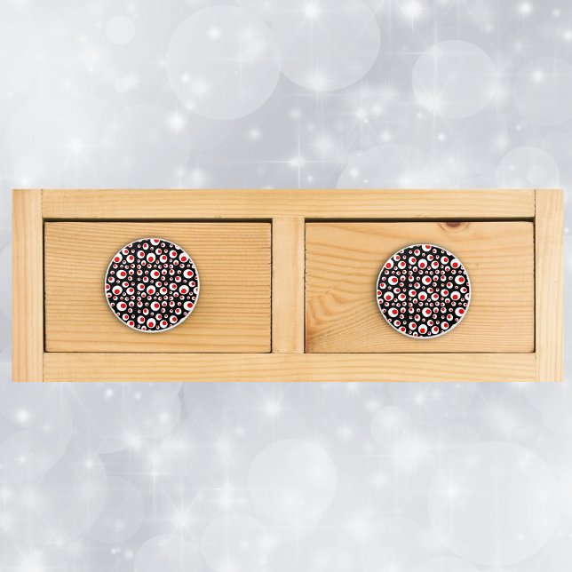 Pomo De Cerámica Resumen Geométrico Guay Círculos blancos rojos (Bright geometric abstract circles in red and white on black drawer knob pulls.)