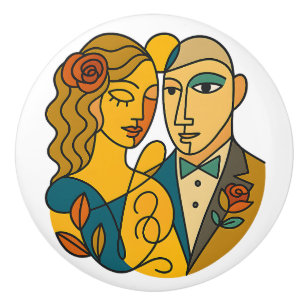Pomo De Cerámica Resumen Pareja Cubista Romántica Diseño de Arte Mo