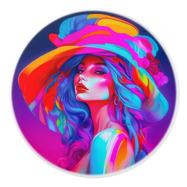 Pomo De Cerámica Retrato de arte pop neón (Anverso)